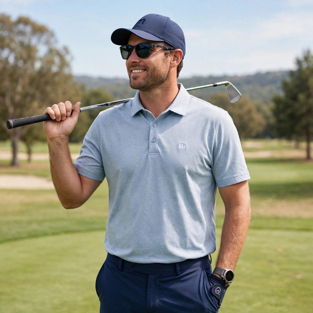 TravisMathew Mens XL Blue Pima Cotton Blend Micro Stripe Polo Shirt Golf Casual
